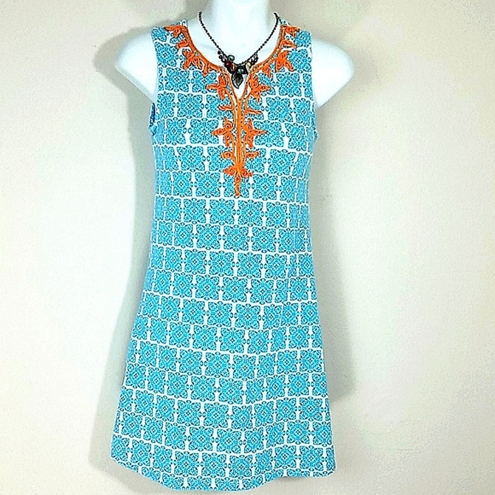 Counting Daisies Girls Sundress Blue Geometric Print Orange Embroidered Mini 12